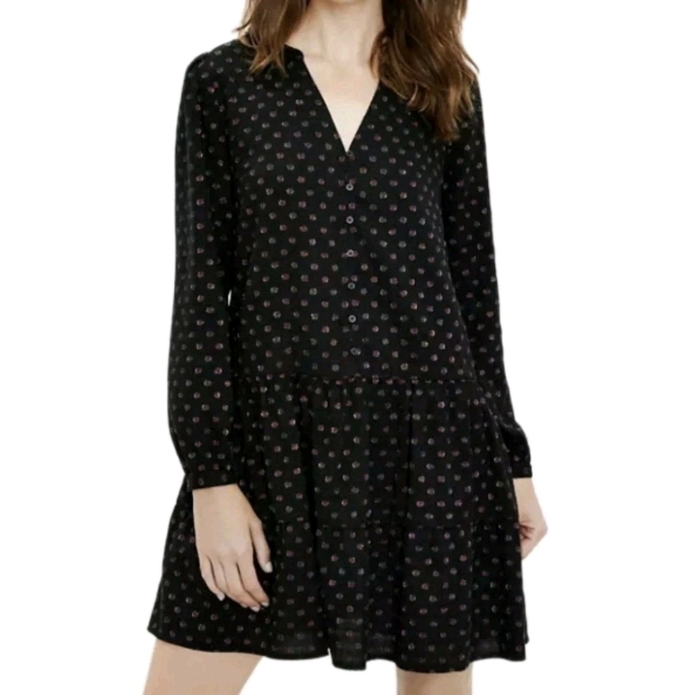 Ann Taylor Loft Shirt Dress Black Holiday Sparkle Dots Long Sleeves Size S NEW